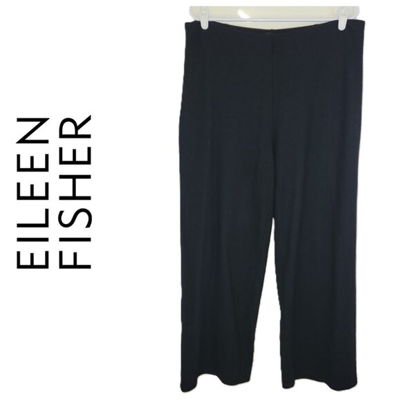 Eileen Fisher Soft Boiled Wool Wide-Leg Pant Black Side Zip Women's Size L